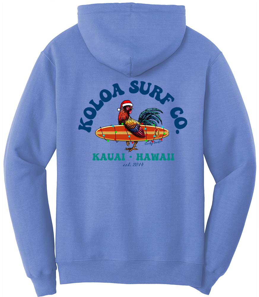 Koloa Cocky Surfer Christmas Hoodie- Carolina Blue