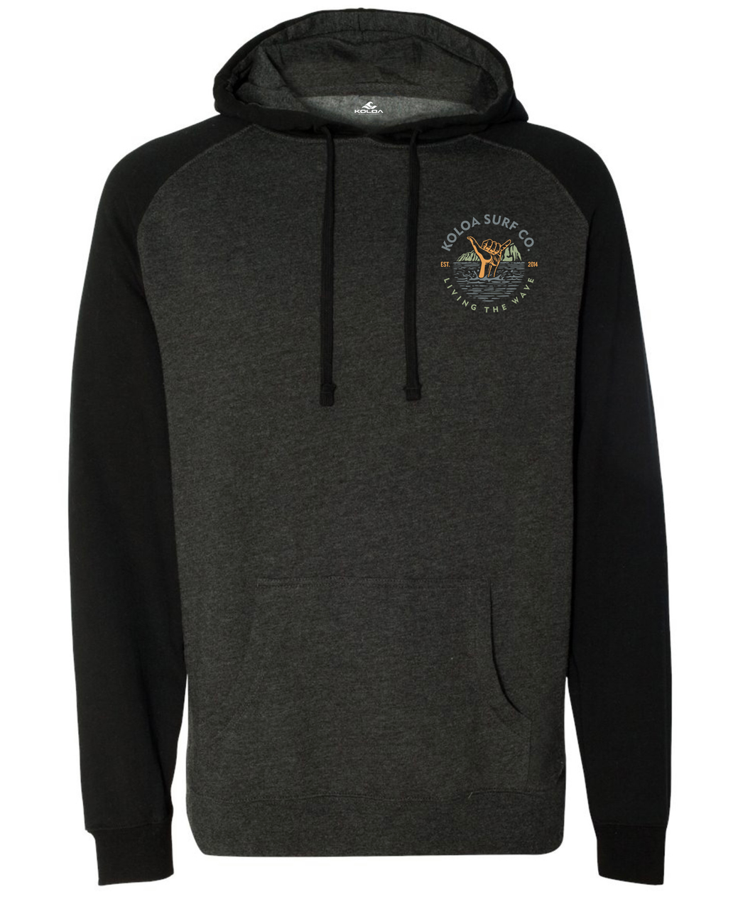 Koloa Shaka Raglan Hoodie- Charcoal Heather/ Black