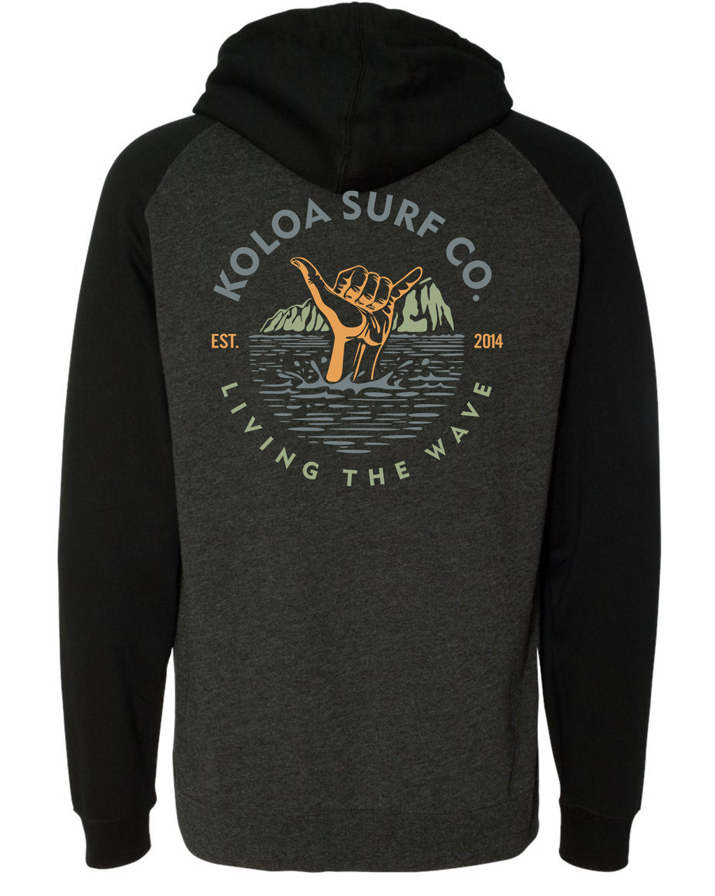 Koloa Shaka Raglan Hoodie- Charcoal Heather/ Black