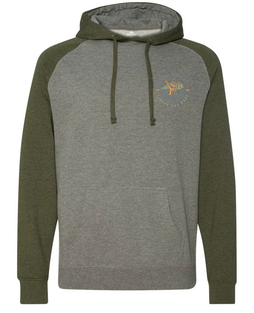 Koloa Shaka Raglan Hoodie- Gunmetal Heather/ Army Heather