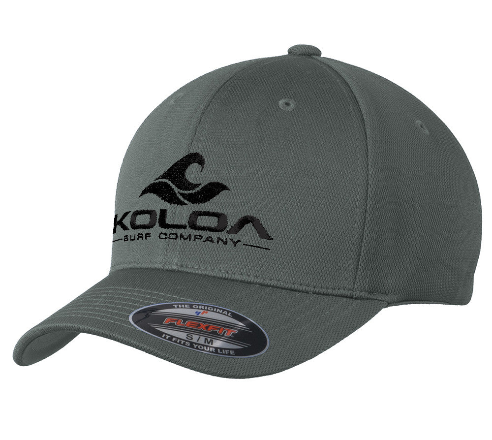 Koloa Surf Embroidered Classic Wave Flexfit Cool & Dry Poly Block Mesh Cap- Magnet Grey / Black Embroidered Classic Wave Logo