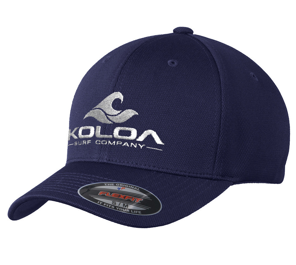 Koloa Surf Embroidered Classic Wave Flexfit Cool & Dry Poly Block Mesh Cap- Navy / White Embroidered Classic Wave Logo