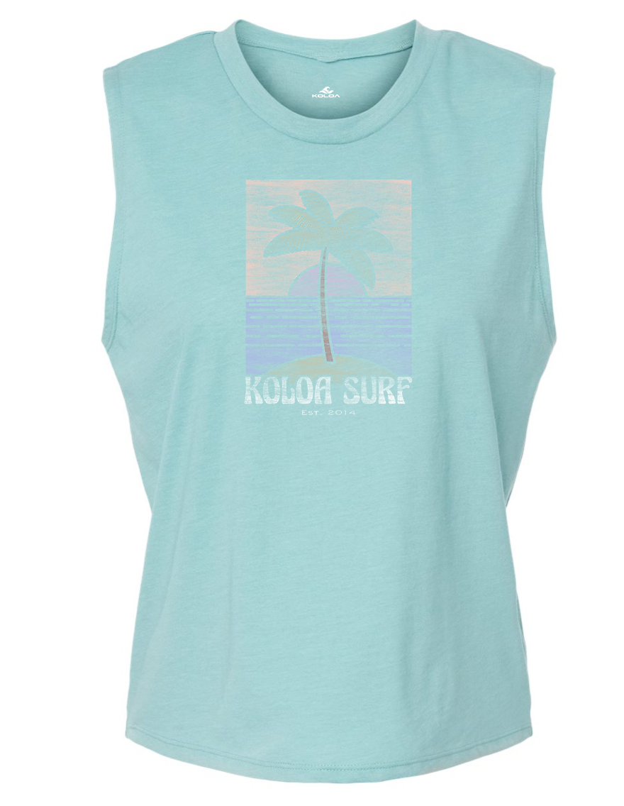 Koloa Boho Palm Crop Muscle Tank - Heather Aqua