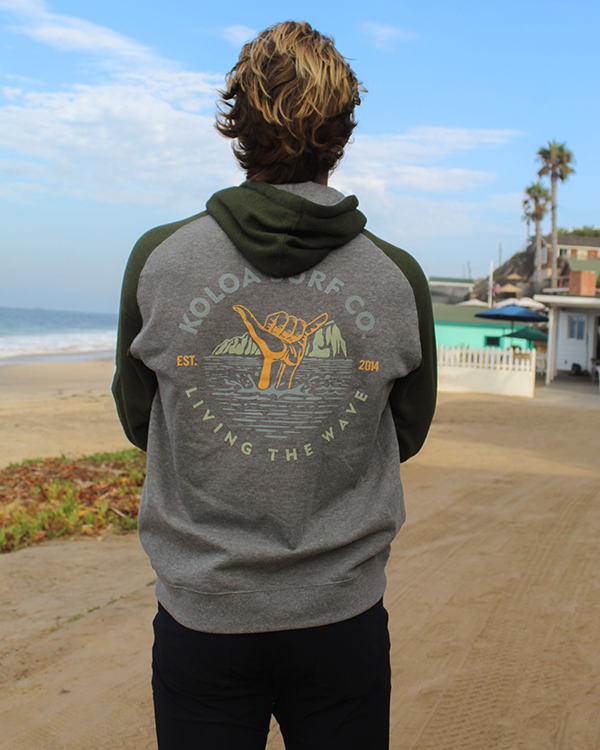 Koloa Shaka Raglan Hoodie- Gunmetal Heather/ Army Heather