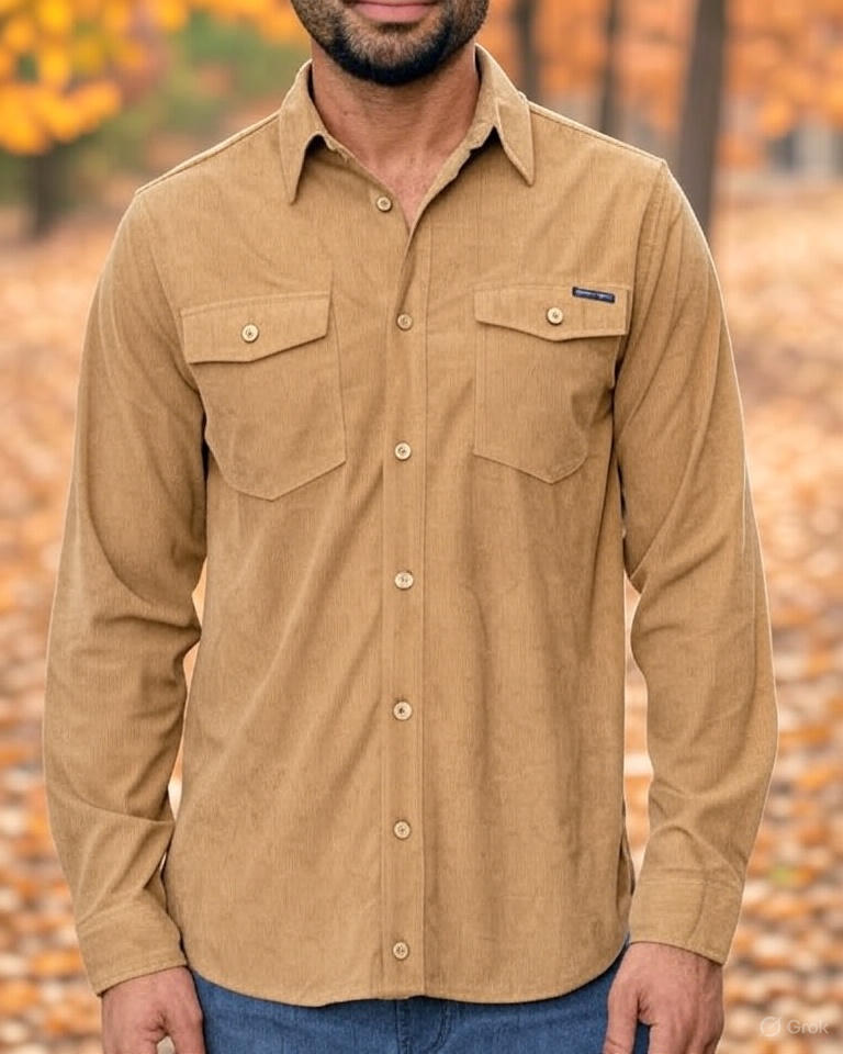 Man wearing a brown button-up shirt with a blurred autumn background