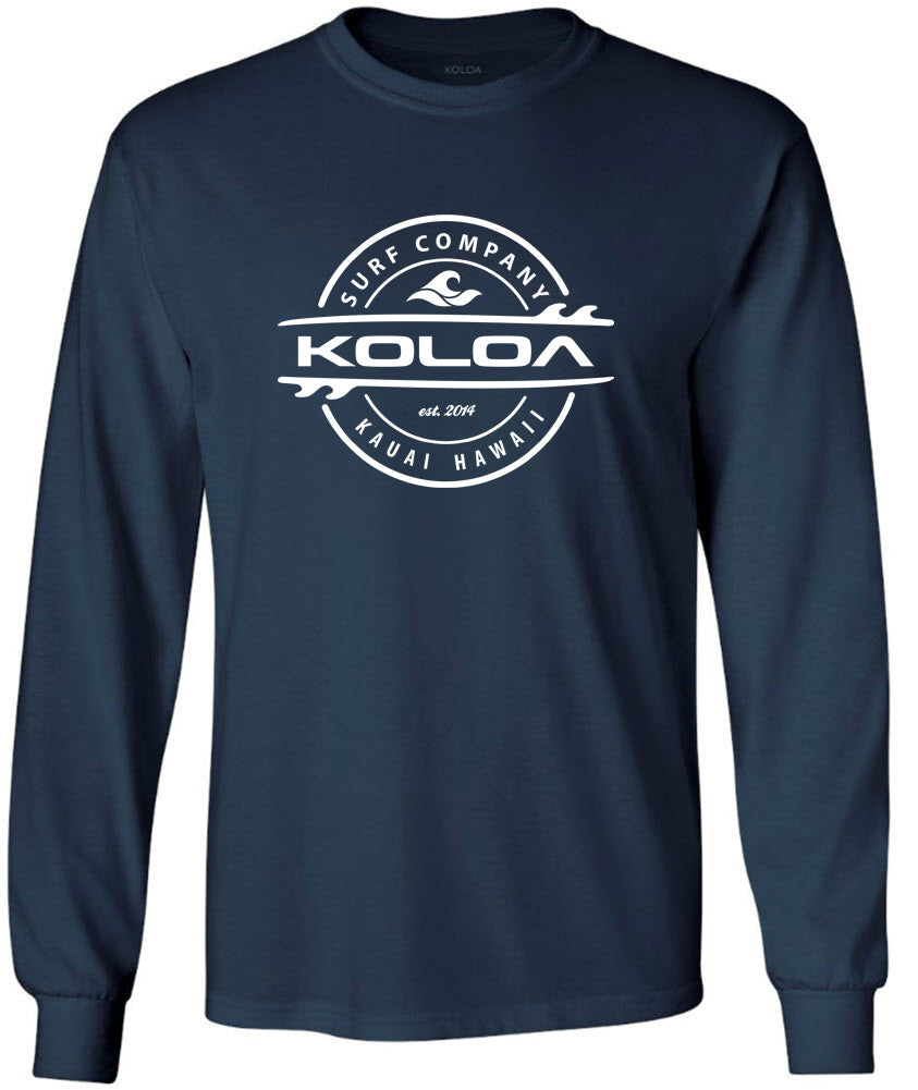 Navy / White logo -Long Sleeve Thruster Surfboards Logo Heavy Cotton T-Shirts. Regular, Big & Tall Koloa Surf Co.